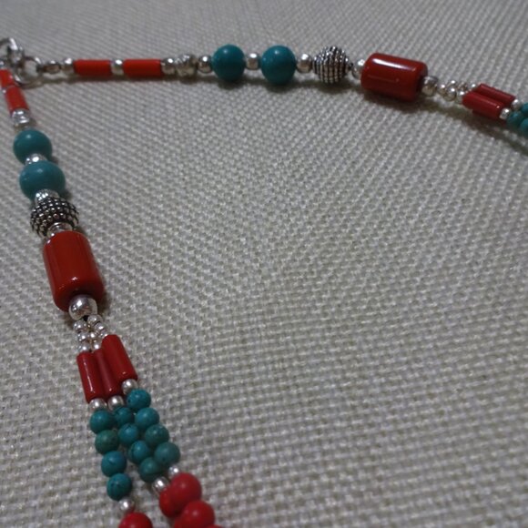 Tribal TURQUOISE, RED CORAL & BLACK BEADS Handmade Sterling 925 Necklace #560C - Picture 3 of 4